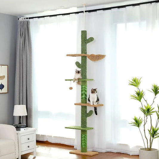 Adjustable Height Cat Tree for Indoor, Floor to Ceiling Cat Tower with Scratching Posts, Cat Condo, Hammock and Dangling Balls